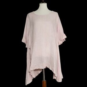 Meo Meli Made in Italy‎ Pink Linen Ruffle Tunic Top One Size